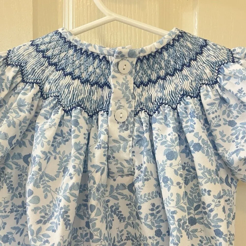 Sweet Dreams Blue Floral Birds Smocked Bubble Romper Girls Size 12 Months